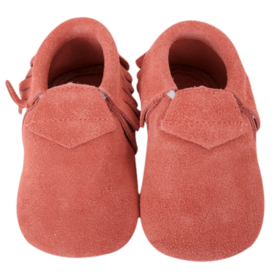 Mocassins à franges Suède en cuir souple Corail - LAIT ET MIEL - Chaussons Bébé et Enfant