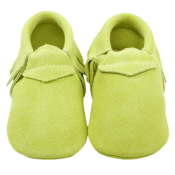 Mocassins  franges Sude en cuir souple Vert d'Eau - LAIT ET MIEL - Chaussons Bb et Enfant