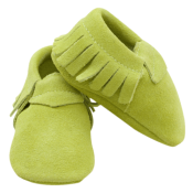 Mocassins à franges Suède en cuir souple Vert d'Eau - LAIT ET MIEL - Chaussons Bébé et Enfant