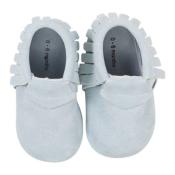 Mocassins à franges Suède en cuir souple Bleu Nuage - LAIT ET MIEL - Chaussons Bébé et Enfant