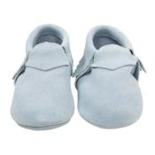 Mocassins à franges Suède en cuir souple Bleu Nuage - LAIT ET MIEL - Chaussons Bébé et Enfant