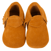 Mocassins  franges Sude en cuir souple Camel - LAIT ET MIEL - Chaussons Bb et Enfant